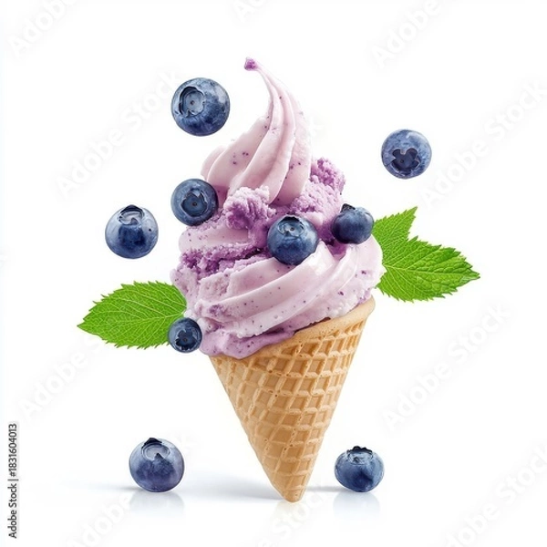 Fototapeta Blueberry ice cream flying, isolated on a white background, creating a dynamic and playful visual.
