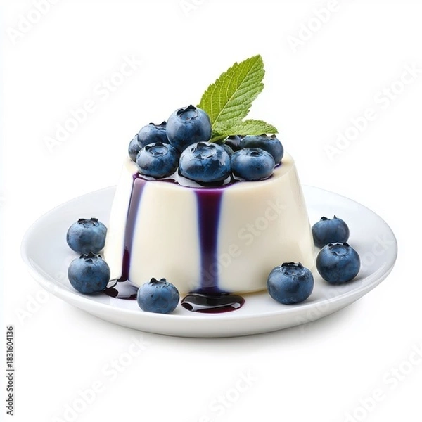 Fototapeta Panna cotta with blueberry topping, isolated on a white background, emphasizing its smooth texture and vibrant blue color.
