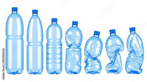 Fototapeta Progression of plastic bottles from full to crushed on black background