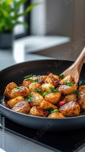 Fototapeta Pineapple cooked in a skillet with spices, showcasing a flavorful dish.