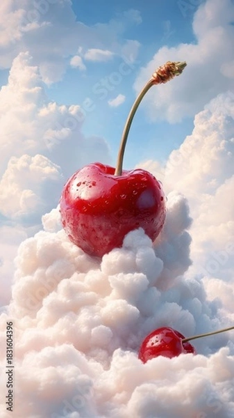 Fototapeta Cherry floating among fluffy clouds with soft, golden sunlight.