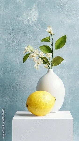 Fototapeta Lemon displayed on an elegant podium, showcasing its bright yellow skin and fresh appearance.