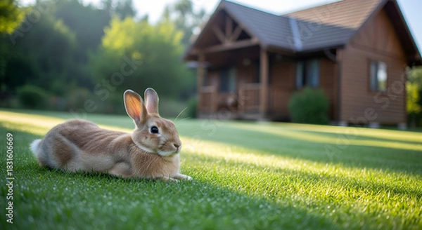 Obraz Relaxed Brown Rabbit on Green Grass by a Wooden Cabin