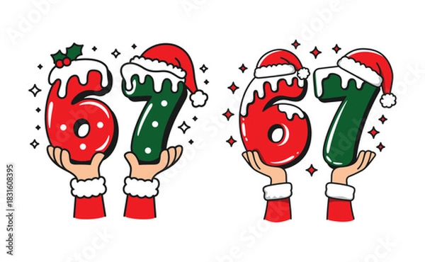 Fototapeta Festive Hands Holding Christmas Numbers 67 with Santa Hats and Snow Vector