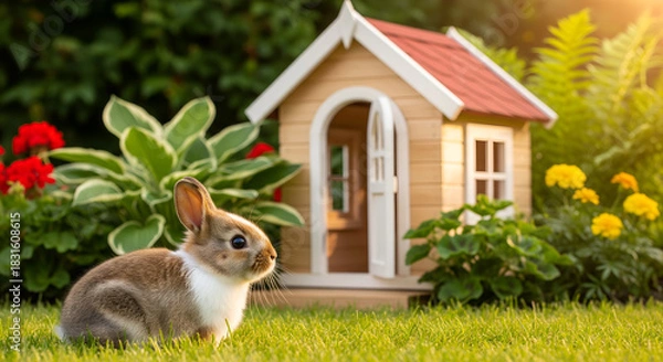 Obraz Baby Bunny by a Miniature Wooden Dollhouse in Garden
