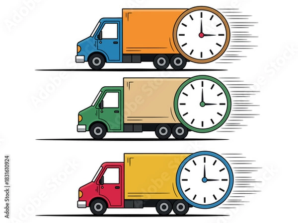 Fototapeta Three colorful trucks with clocks on their sides are depicted moving quickly, symbolizing fast delivery services.