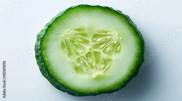 Obraz Single Fresh Cucumber Slice Isolated on White Background | Macro Top View of Green Vegetable Cross-Section for Salad, Spa Facial, and Healthy Food Concepts