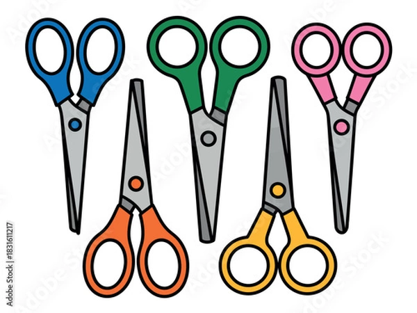 Fototapeta A collection of five colorful scissors with different handle colors arranged in a scattered pattern on a white background.