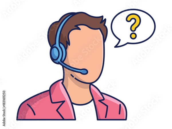 Fototapeta A person wearing a headset with a microphone has a question mark in a speech bubble above their head, representing customer service or technical support.