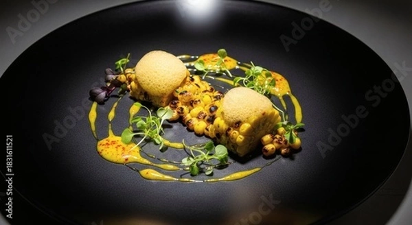 Fototapeta Elegant dish with two golden spheres and sauce on a black plate.