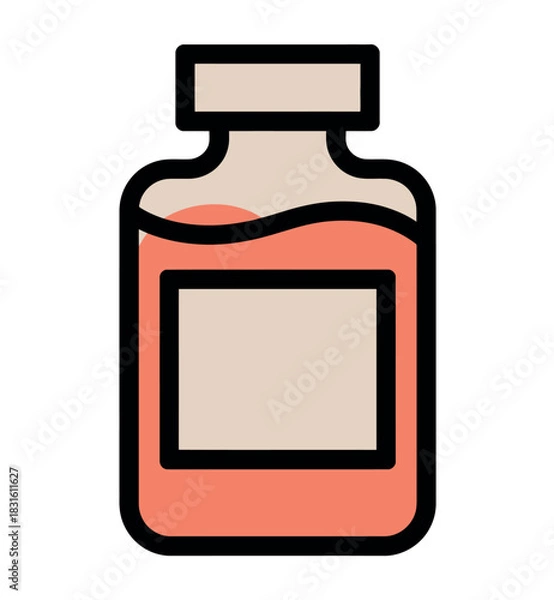 Fototapeta A simple illustration of a bottle containing a pink liquid, with a blank label for customization.