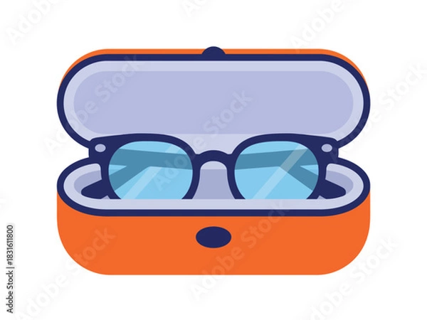 Fototapeta A pair of blue-lensed eyeglasses rests inside an open orange glasses case against a white background.