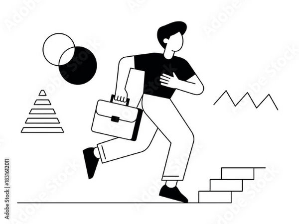 Fototapeta A determined person with a briefcase is running up a set of stairs with abstract shapes in the background.