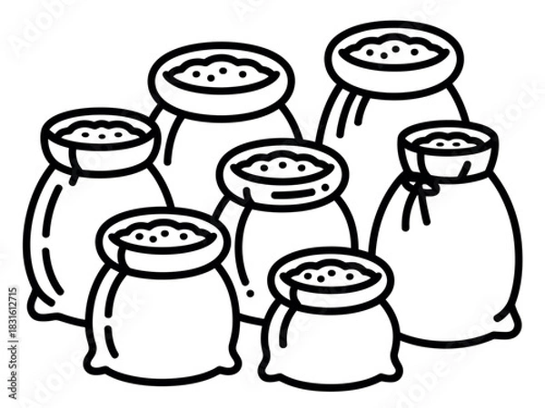 Fototapeta A collection of seven burlap sacks filled with granular material is depicted in a simple line drawing illustration.