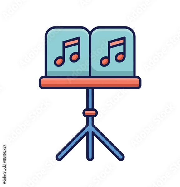 Fototapeta A blue music stand is holding two sheets of music with red musical notes and clefs on a white background.