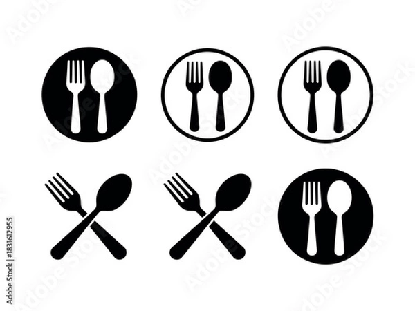Fototapeta A collection of six different black and white icons representing dining utensils, including forks and spoons, within circular frames or crossed.