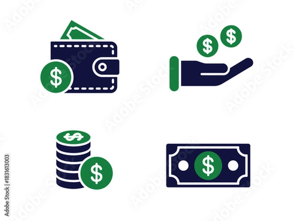 Fototapeta A set of four finance-related icons representing a wallet, receiving money, stacked coins, and a banknote, all in a dark blue and green color scheme.