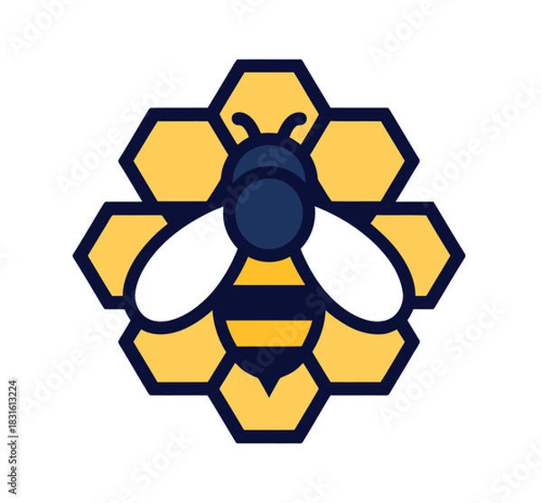 Fototapeta A stylized illustration of a bee resting on a hexagonal honeycomb structure, symbolizing nature and industry.