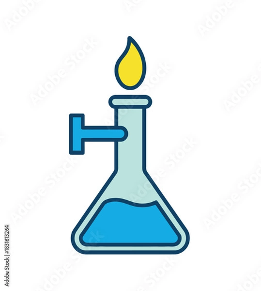 Fototapeta A laboratory flask with blue liquid is heated by a flame from a Bunsen burner, symbolizing scientific experimentation.
