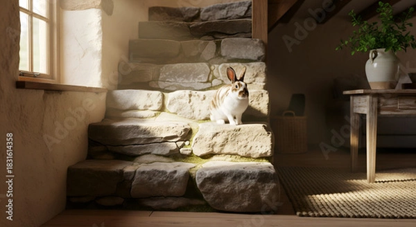 Obraz Spotted Bunny on Rustic Stone Stairs in Cottage Interior