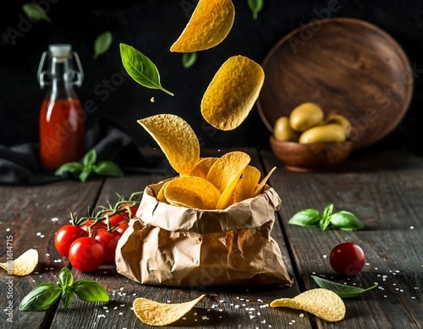 Fototapeta Dark Moody Still Life Crispy Potato Chip Food and Drink Product