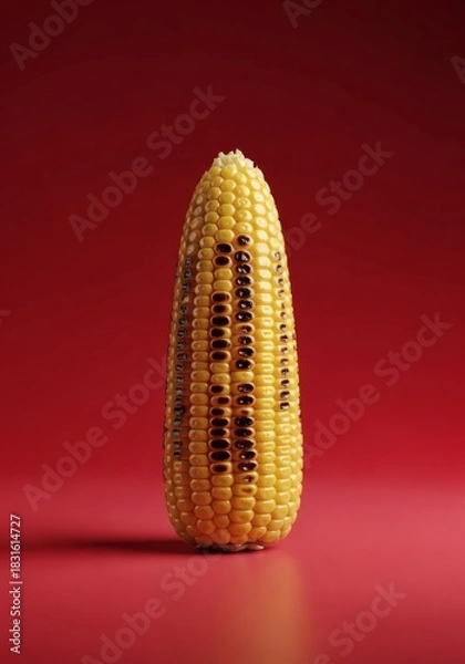 Obraz A single ear of grilled corn with dark char marks on its kernels, set against a vibrant red background.