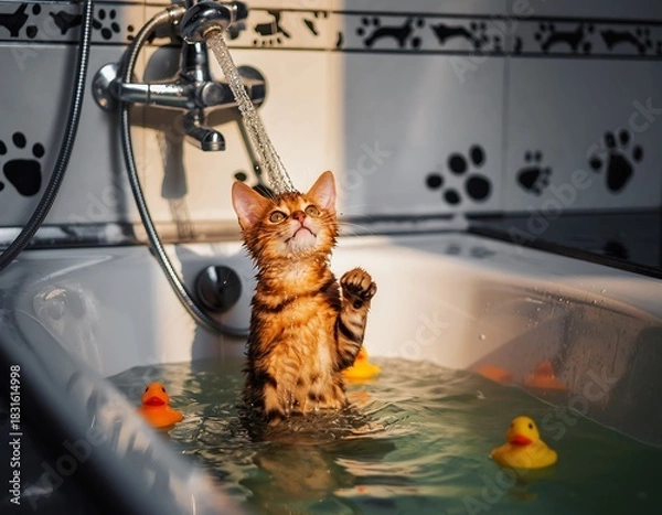 Fototapeta Adorable Bengal Kitten Enjoying a Bath with Rubber Duckies Indoors