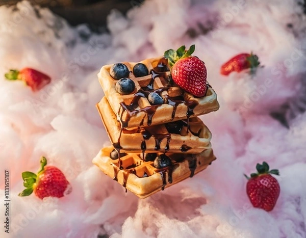 Fototapeta Delicious Stacked Waffles with Strawberry and Blueberry Toppings Food Concept