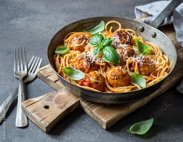 Fototapeta Appetizing Spaghetti with Meatballs and Tomato Sauce in Rustic Pan Still Life