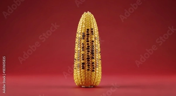 Fototapeta A single ear of yellow corn with black kernels forming a pattern, standing upright against a vibrant red background.