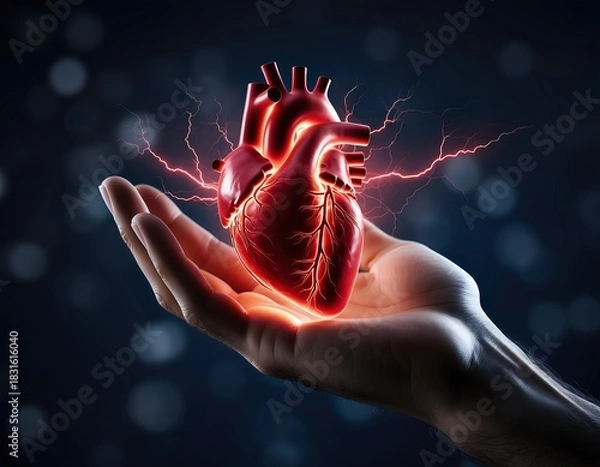 Fototapeta Conceptual Realistic Human Heart in Hand with Lightning Illustration