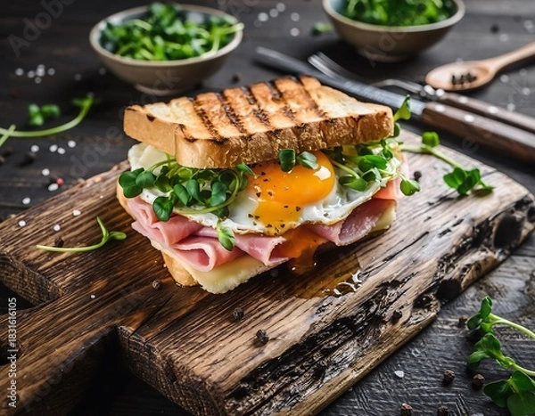 Fototapeta Delicious Toasted Sandwich with Ham, Egg, and Greens on Wooden Board