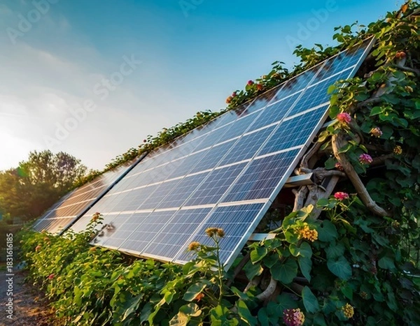 Fototapeta Environmental Innovative Solar Panel Array Covered in Climbing Plant Flowers