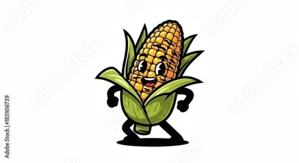 Obraz Cartoon illustration of a happy corn cob character with arms and legs, smiling.