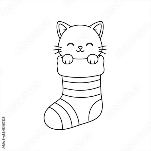 Fototapeta A Cute Christmas Cartoon Cat Character Outline Inside Holiday Sock Doodle for Coloring Page