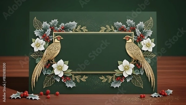 Fototapeta Elegant christmas card with pheasants holly and hellebores on a green background with a golden frame