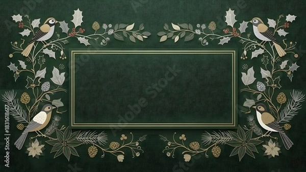 Fototapeta Decorative frame with birds and foliage on a dark green textured background with a gold border around it