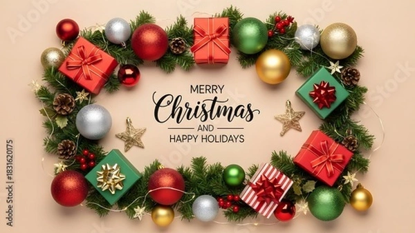 Fototapeta Festive christmas arrangement with gifts ornaments and greenery on a neutral background top view