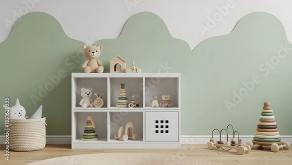 Fototapeta A children's room with a white cube shelf filled with toys and a basket with a plush bunny inside it