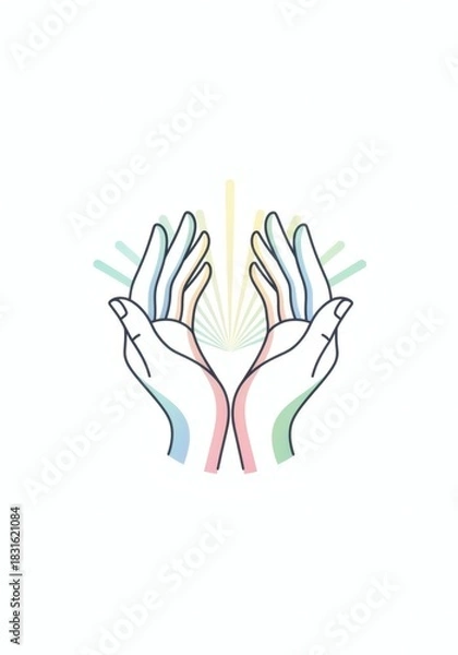 Obraz Illustration of two hands reaching up with light rays emanating from between them.
