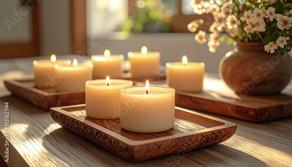 Obraz Aromatherapy candles and flower decorations creating a relaxing spa treatment atmosphere with soft candlelight and gentle aroma