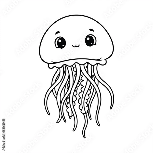 Fototapeta A Cute Little jellyfish with wavy tentacles black line art