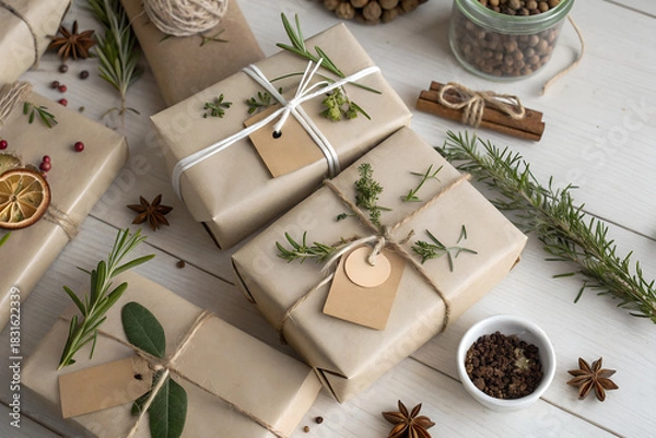 Fototapeta Natural eco holiday scene with kraft-wrapped gifts, herbs, dried oranges and spices on a white wooden surface. Sustainable Christmas aesthetic with warm neutral tones and clean seasonal styling.