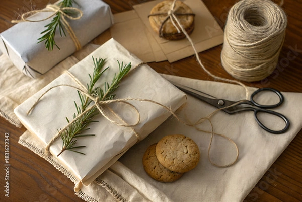 Obraz Warm rustic scene with kraft-wrapped gifts, twine, greenery and homemade cookies on a natural fabric surface. Eco-friendly holiday packaging with soft golden light and cozy handmade styling.