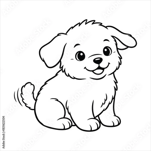 Fototapeta A Cute puppy sitting with a wagging tail black line art, white background