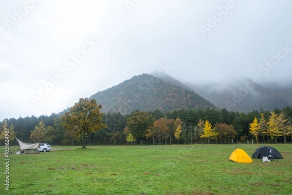 Obraz Camping tents and van in grassy field near forest and misty mountain