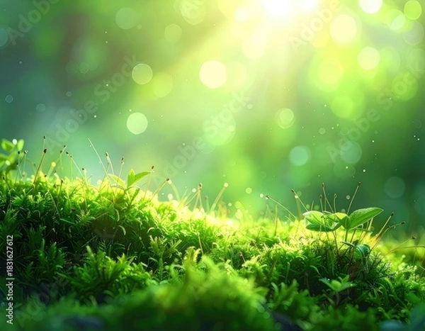 Fototapeta Vibrant green moss illuminated by bright, ethereal sunlight streaming through a forest canopy.