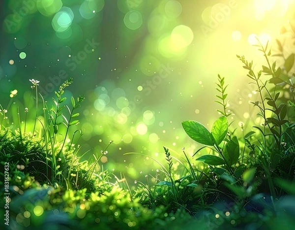 Fototapeta Vibrant green foliage bathed in ethereal sunlight with bokeh effects.