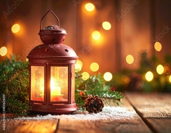 Fototapeta A cozy, warm lantern illuminates a rustic wooden surface dusted with snow beside festive greenery.