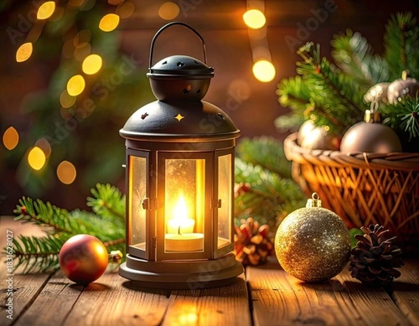 Fototapeta A warm, flickering lantern illuminates a rustic Christmas scene with festive ornaments and greenery.